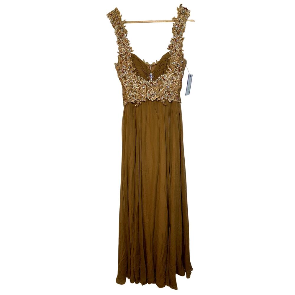 NWT Mandalay Brown Gold Lace Beaded Sequin Long Evening Gown Dress Women Size 10